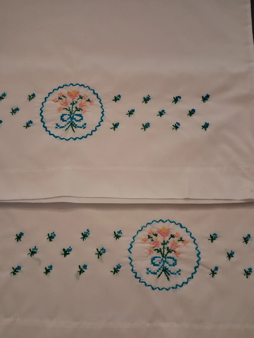 Vintage White Embroidered Pillowcases with Turquoise Flowers